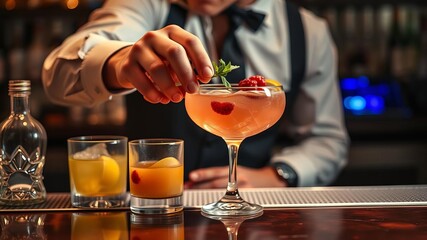 Bartender putting final touches on a garnished cocktail on bar counter, party, decorating