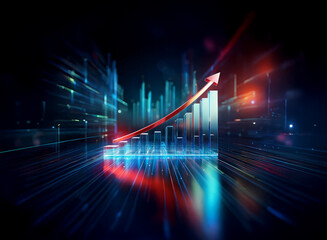 Dynamic 3D bar graph soaring upward, set against a futuristic cityscape backdrop.  Vibrant red and blue hues illuminate the scene, suggesting rapid growth and technological advancement.