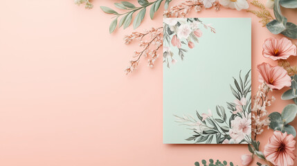 Floral Invitation Design:  Elegant pastel pink and mint green aesthetic with delicate watercolor flowers adorning a blank card. Perfect for wedding stationery, branding, or springtime announcements.
