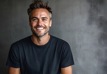 Fototapeta premium Happy Man Smiling Graying Hair Dark Shirt