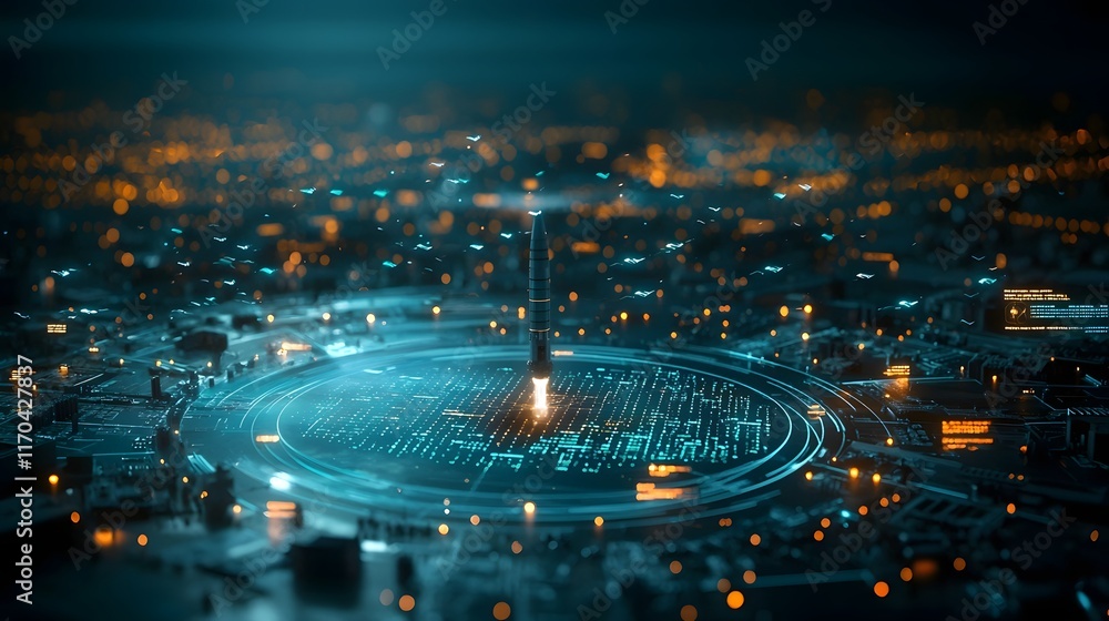 Poster futuristic quantum computing powered missile defense system visualized with glowing data grids track