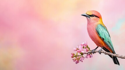 Fototapeta premium Colorful bird perched on branch with delicate pink flowers in bloom