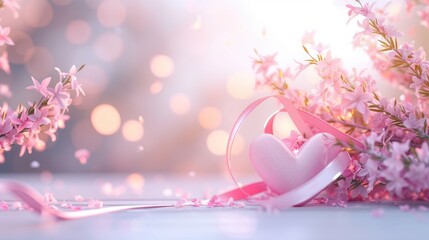 Romantic Pink Flowers With Heart and Ribbon on Soft Bokeh Lighting