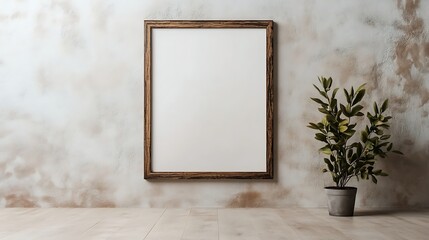 picture frame mockup hanging over wooden table with clean bright background