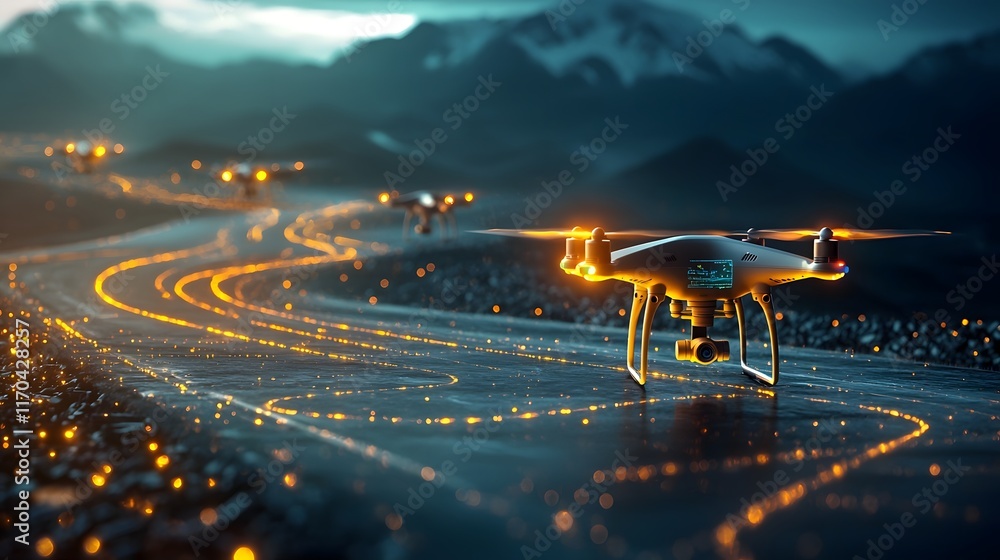 Poster glowing paths of a quantum computing powered drone surveillance system displaying predictive trackin