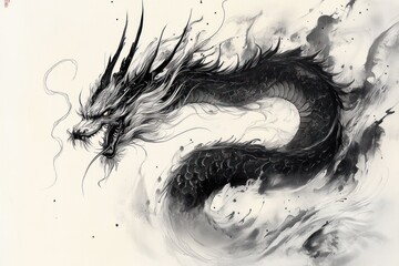 Fototapeta premium Dragon Ink Wash Painting Majestic Creature Illustration