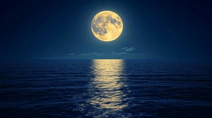 Full moon reflecting on calm ocean at night