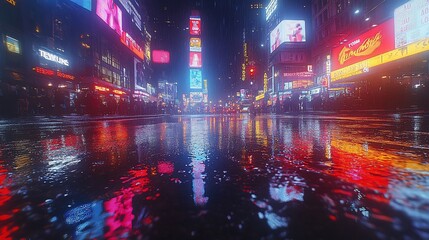 Rainy Night Cityscape Reflecting Neon Lights