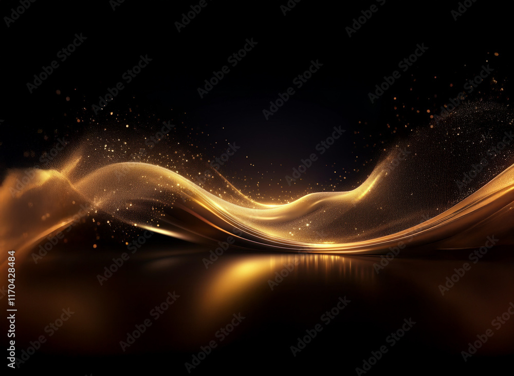Poster abstract image of flowing golden liquid, shimmering and reflecting light on a dark background. glowi