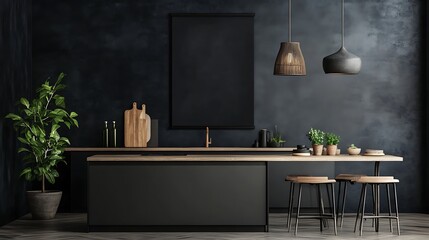 wall poster mockup in modern kitchen with stylish elements