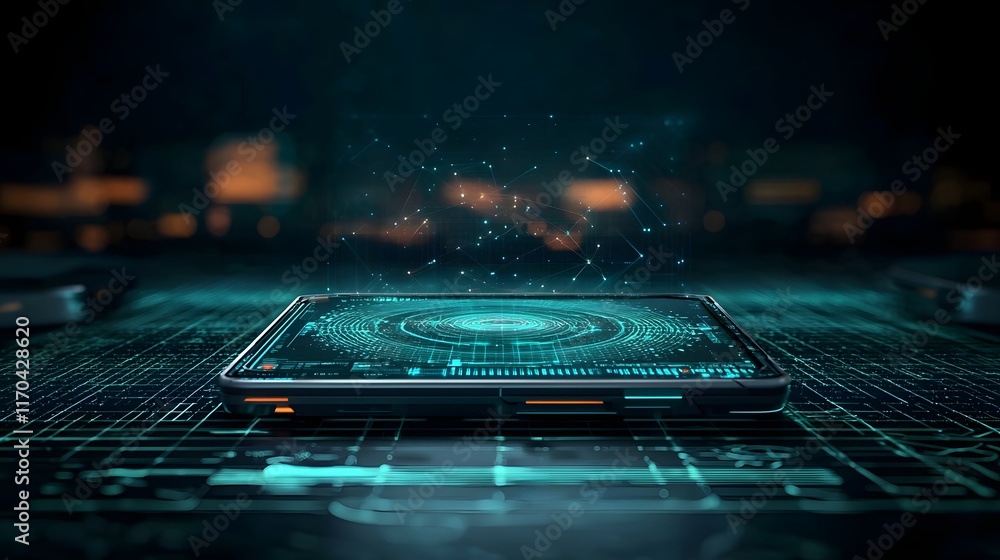 Poster Futuristic quantum powered radar system with holographic data visualizations dynamic object tracking and cutting edge technology for advanced monitoring security and optimization applications