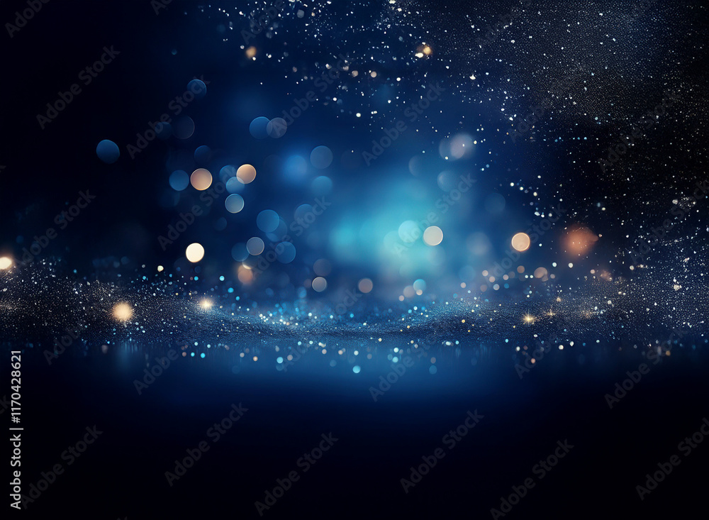 Poster a mesmerizing display of blue and gold bokeh lights, swirling like cosmic dust in a dark, abstract s