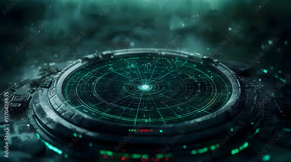 Poster futuristic radar system powered by quantum computing visualized with holographic grids and dynamic o