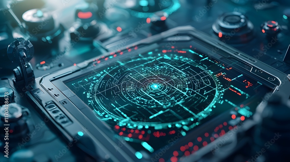 Poster Futuristic quantum powered radar system with holographic grids and dynamic object tracking visualizing the cutting edge technology of the future
