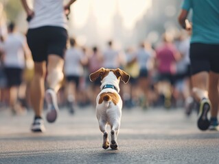 A small dog joyfully running alongside a group of marathon runners on a city street, symbolizing energy, participation, and companionship.