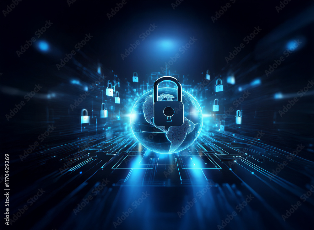 Poster a glowing digital globe is secured by a padlock, symbolizing global cybersecurity and data protectio