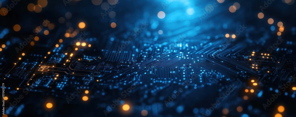 Poster glowing abstract digital circuit board background with blue light and data dots