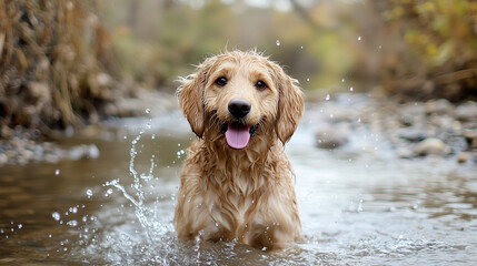 Joyful Golden Doodle Splashing in Shallow Stream