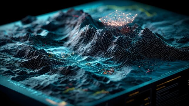 Detailed quantum model of natural disaster defense systems predicting and visualizing the impacts of tsunamis or earthquakes and leaving copy space on the top left for text overlay