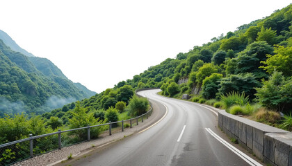 Fototapeta premium Curvy mountain road winding gracefully through lush greenery isolated on a white background. Suitable for marketing or business purposes. PNG file