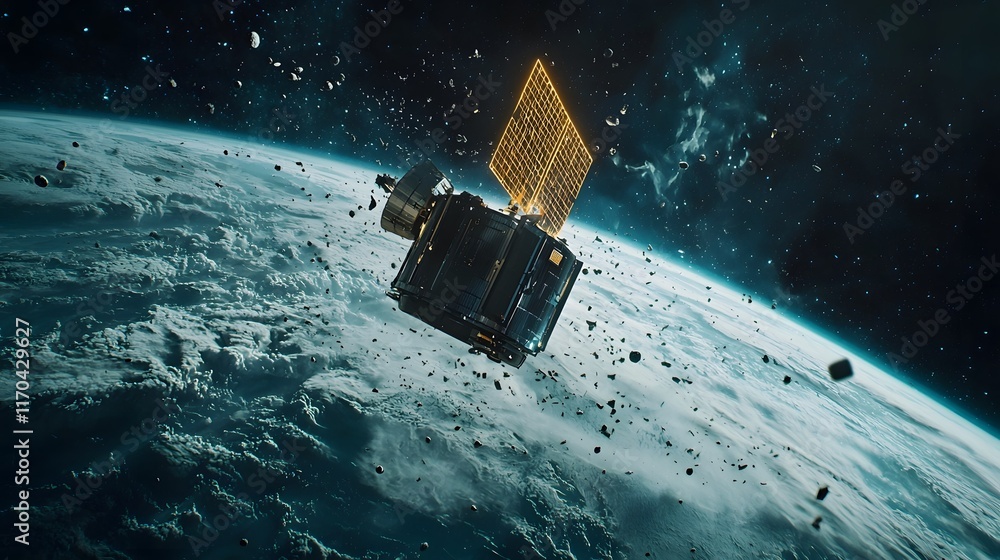 Poster futuristic quantum powered satellite defense system monitoring and tracking orbital debris space thr