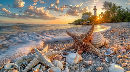 Seashells, starfish on sandy beach at sunset with lighthouse.