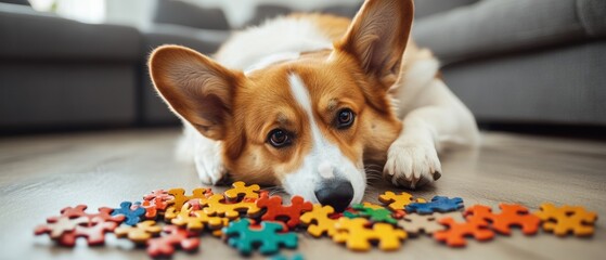A playful corgi laying on the floor, curiously observing colorful puzzle pieces scattered around.