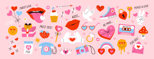 Valentines day elements set. Gifts, hearts, envelopes, candy. Vector illustration in cartoon style. Perfect for stickers and greeting cards and posters
