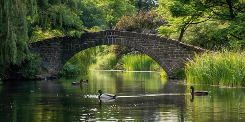 A serene scene featuring a stone bridge over a calm waterway with ducks and lush greenery.