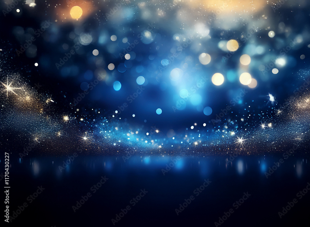 Aufkleber a mesmerizing dark blue backdrop with glittering lights and bokeh. sparkling dust motes dance across