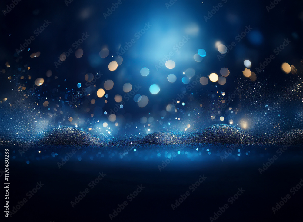 Poster a mesmerizing dark blue backdrop, illuminated by bright bokeh lights and shimmering particles, creat