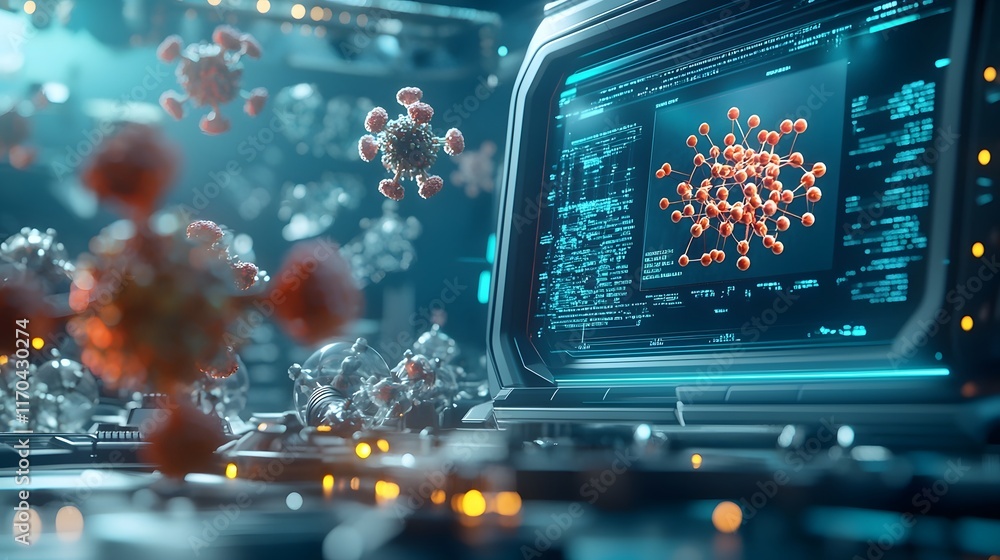 Poster a futuristic scene depicting quantum computing technology predicting and visualizing potential biote