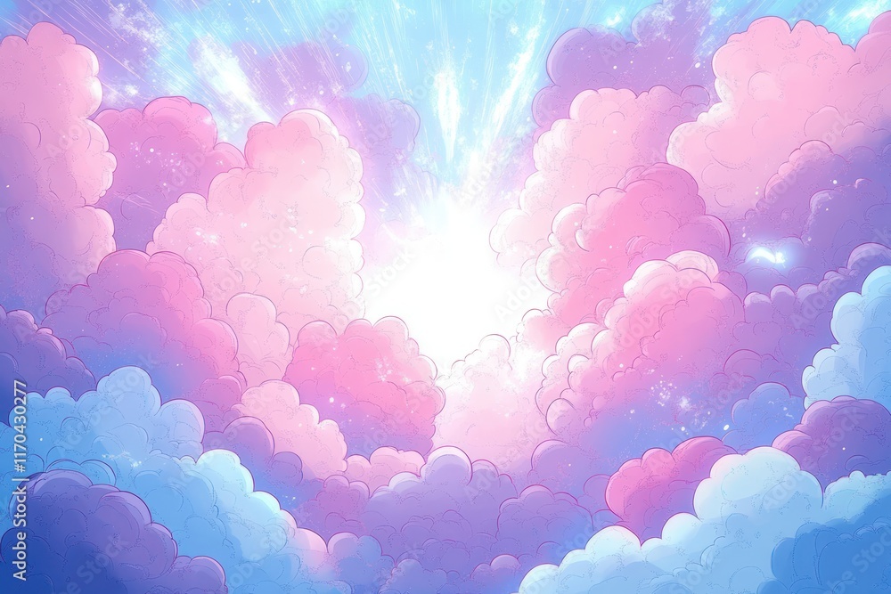 Poster cartoon style pop explosion colorful background with fluffy clouds and light