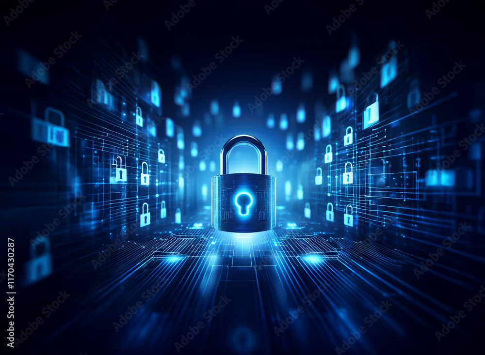 Poster a glowing padlock stands at the center of a digital tunnel, surrounded by countless other locks, sym