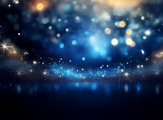 Fototapeta premium A mesmerizing dark blue backdrop with glittering lights and bokeh. Sparkling dust motes dance across a reflective surface, creating a magical, ethereal atmosphere.