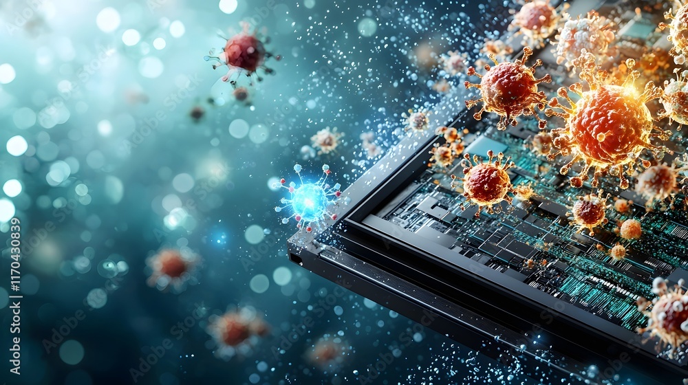 Poster futuristic quantum computer modeling immunotherapy responses with glowing immune cells attacking pat