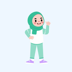 Happy Muslim Girl Cartoon Character Thumbs Up Green Hijab Cute Illustration