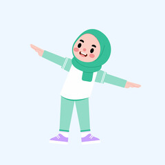 Happy Muslim Girl Child in Hijab Stretching Arms Cartoon Illustration