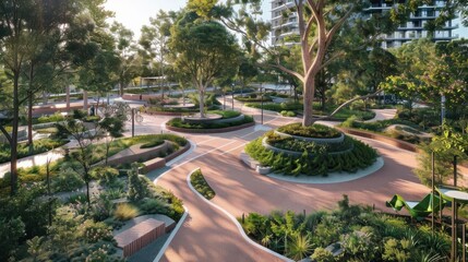 Fototapeta premium A serene urban park featuring winding paths, lush greenery, and modern landscaping.