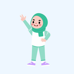 Happy Muslim Girl in Hijab Cheerful Kid Raising Hand Illustration
