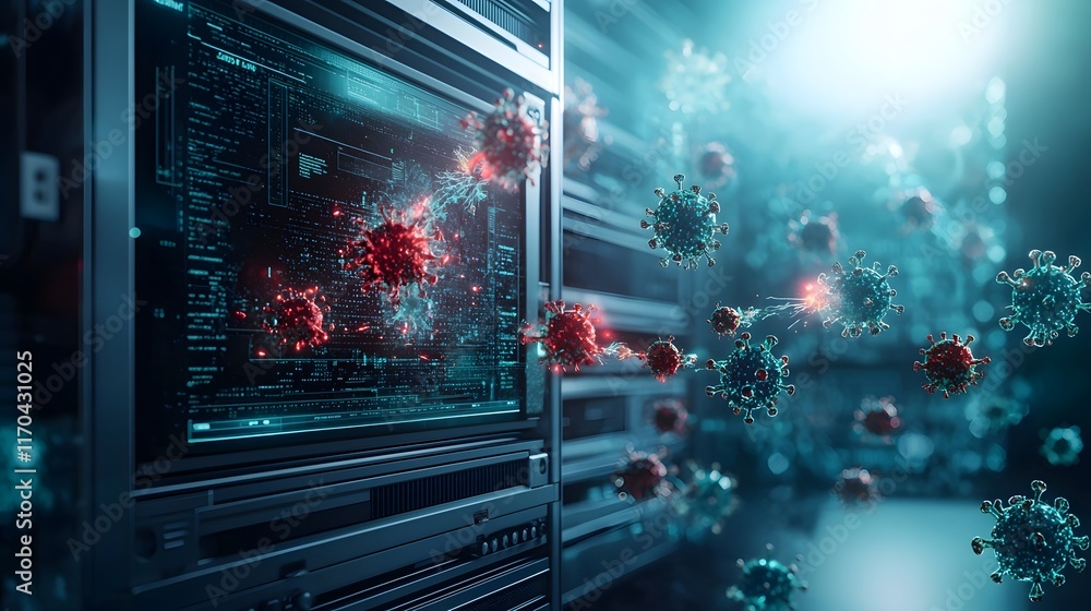 Poster a futuristic quantum computer modeling the complex interactions and responses of the immune system t