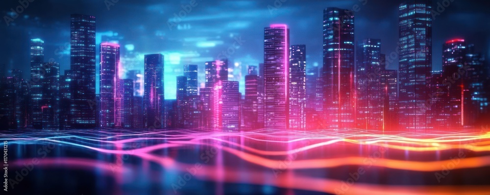Poster futuristic cyberpunk cityscape digital background for technology neural networks ai data transfer en