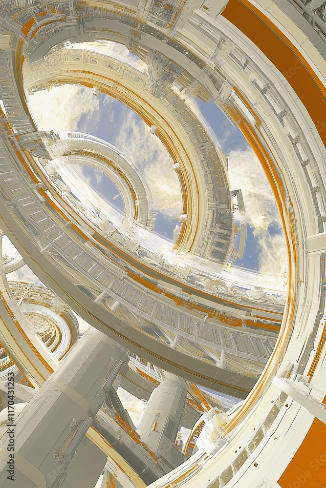 Poster panoramic view of a massive space habitat with spinning rings creating artificial gravity. humanity'