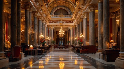 Naklejka premium Luxurious hotel lobby, opulent interior, marble floor, chandeliers, elegant ambiance