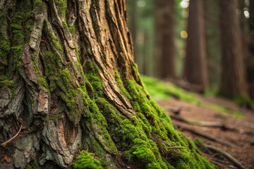 Obraz premium Close-up of rough tree bark with patches of green moss, representing nature, texture, and the outdoors. AI generated
