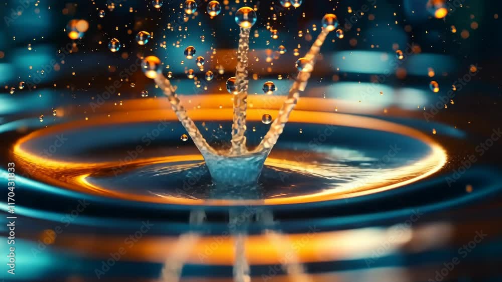 Poster captivating water droplets create dynamic patterns in vibrant colors at a close range