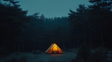 Illuminated tent, night camping, forest, starry sky, adventure