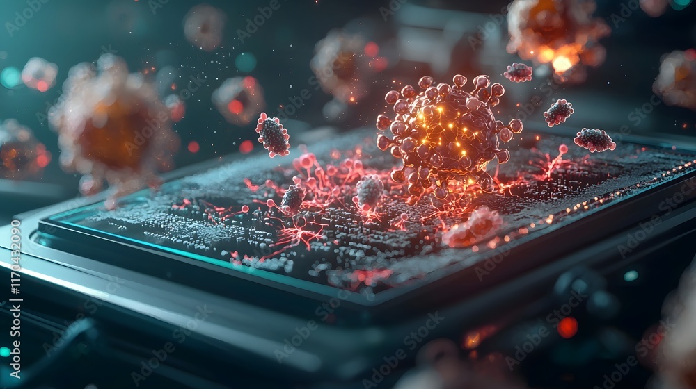 Poster futuristic quantum computing system simulating real time visualization of stem cell divisions and th