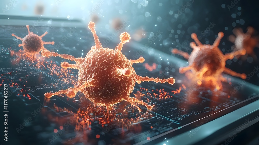 Poster futuristic quantum computing system simulating stem cell therapy outcomes with glowing cell division