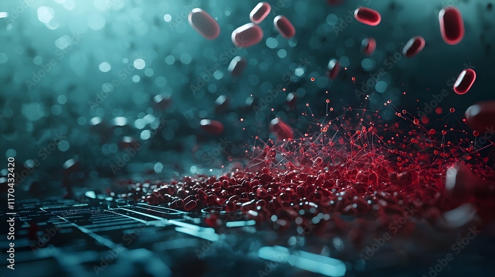 Poster futuristic virtual quantum model for diagnosing cardiovascular diseases featuring glowing blood flow